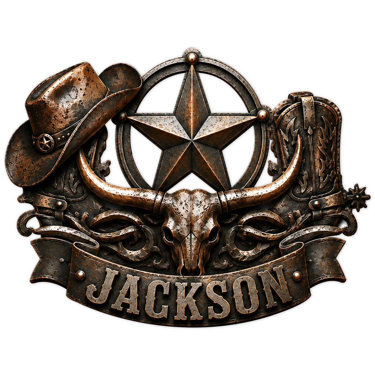 Custom cowboy metal sign featuring a weathered hat, western boots, bull skull, and sheriff star