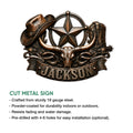 Cowboy metal sign feature graphic showing a cut-metal western emblem and indoor or outdoor display details