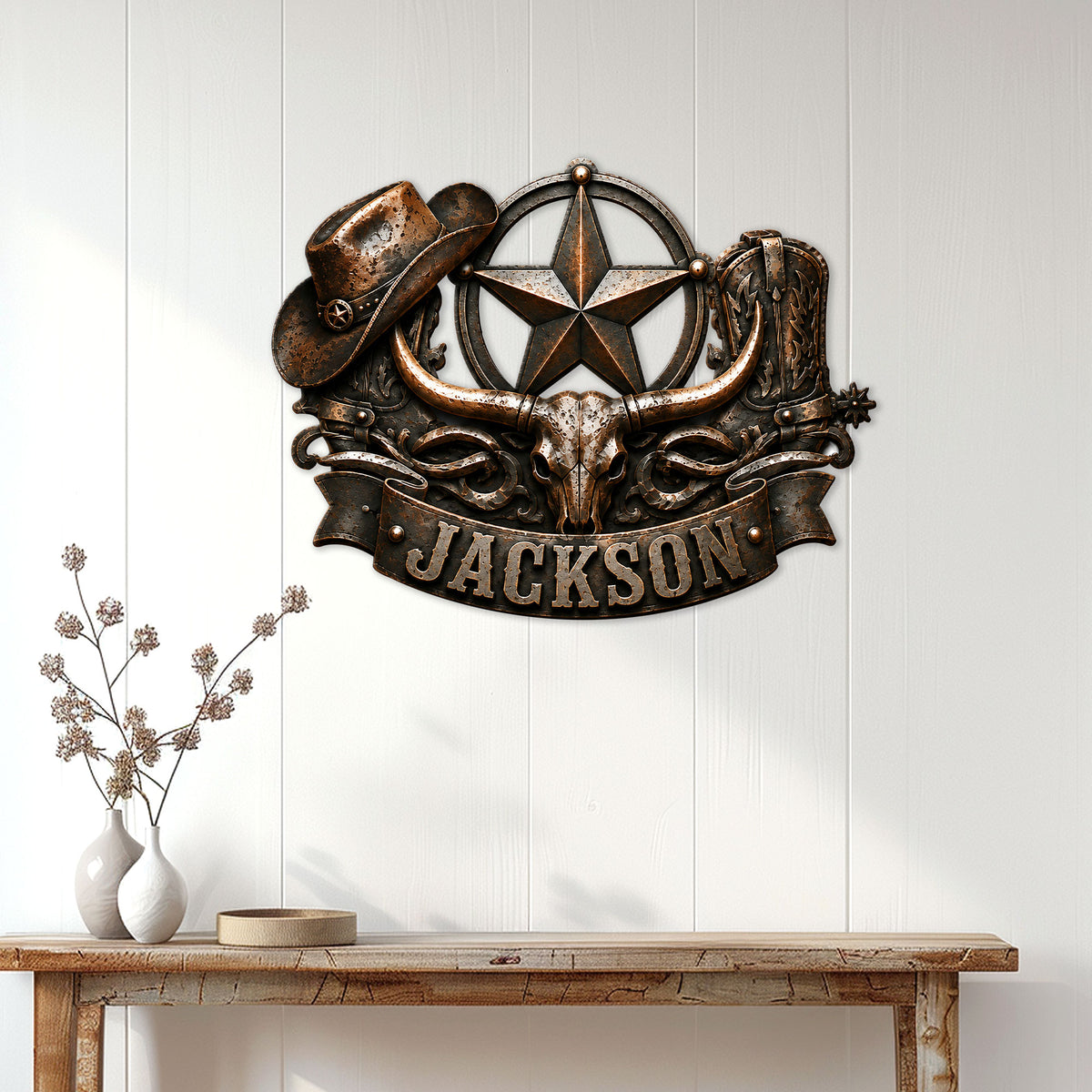 Cowboy metal wall sign displayed on a white paneled wall above a rustic wood console table