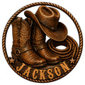 Custom cowboy metal sign featuring Western boots, a cowboy hat, coiled rope, stars, and a braided border