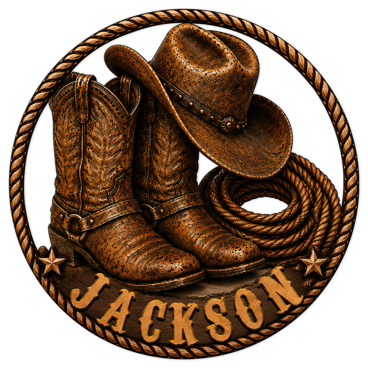 Custom cowboy metal sign featuring Western boots, a cowboy hat, coiled rope, stars, and a braided border