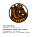 Cowboy metal sign product infographic showing the Western boot and hat design with cut metal sign features