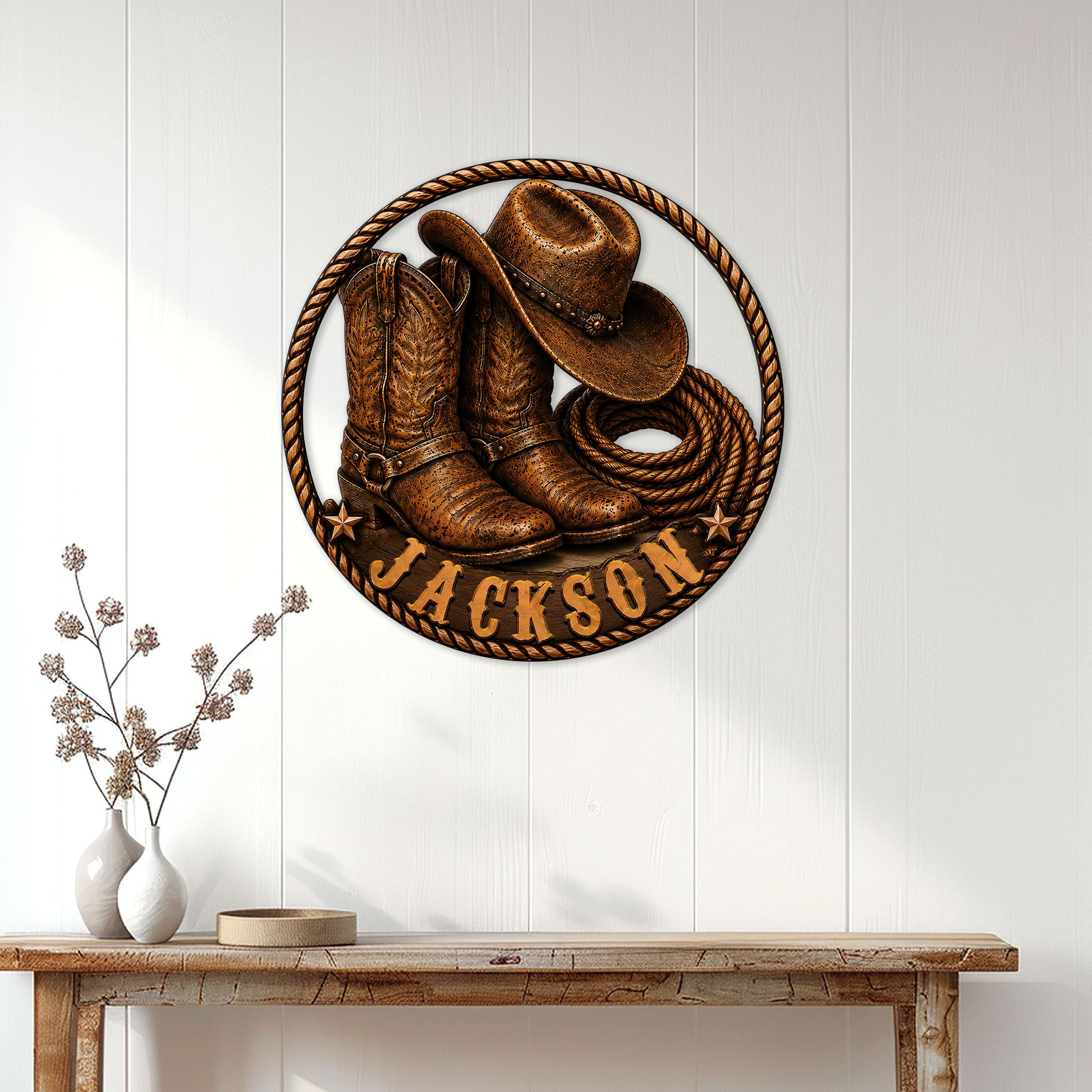 Cowboy metal sign displayed on a white paneled wall above a rustic console table