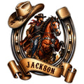Custom cowboy metal sign featuring a horseback rider framed by a horseshoe, cowboy hat, and western scroll