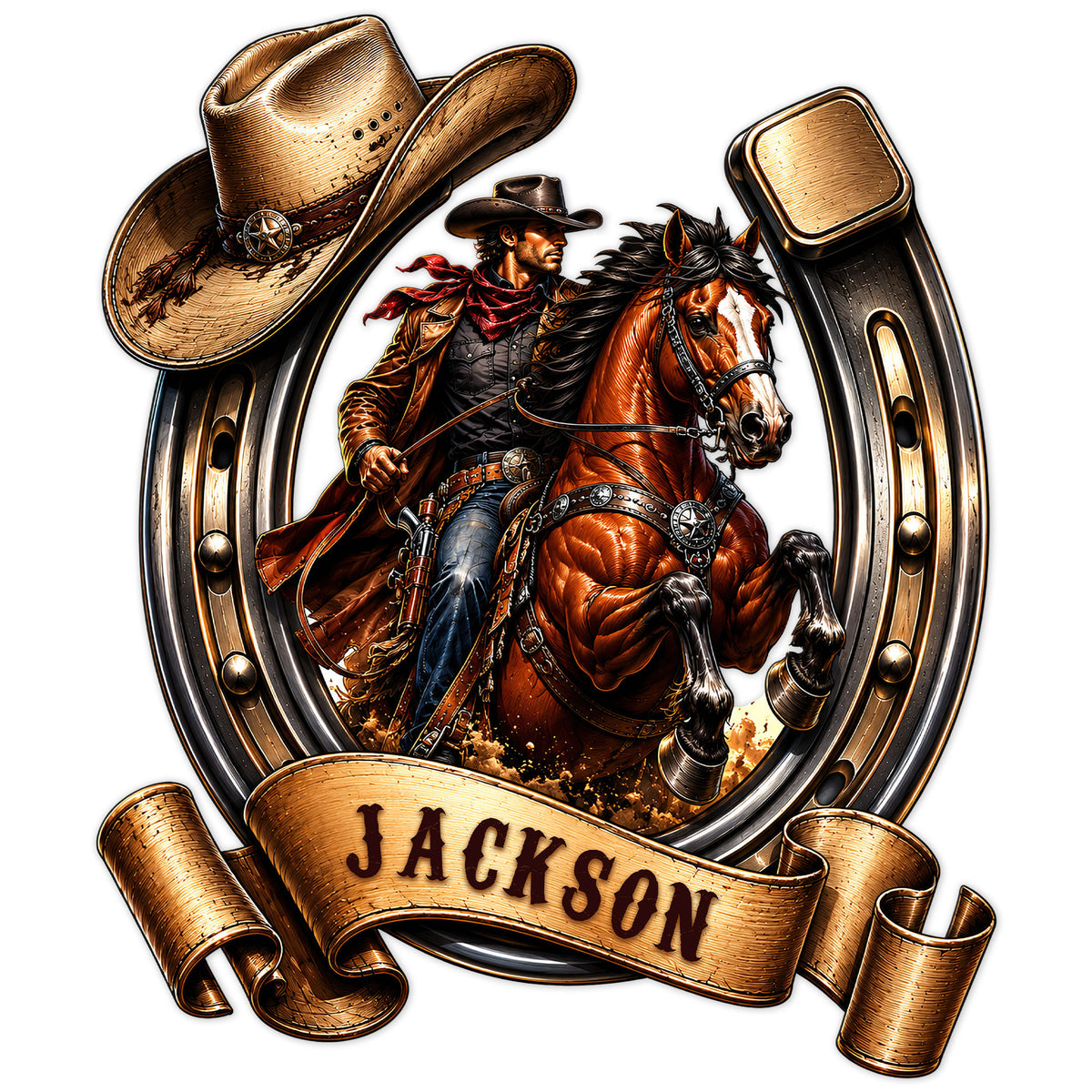 Custom cowboy metal sign featuring a horseback rider framed by a horseshoe, cowboy hat, and western scroll