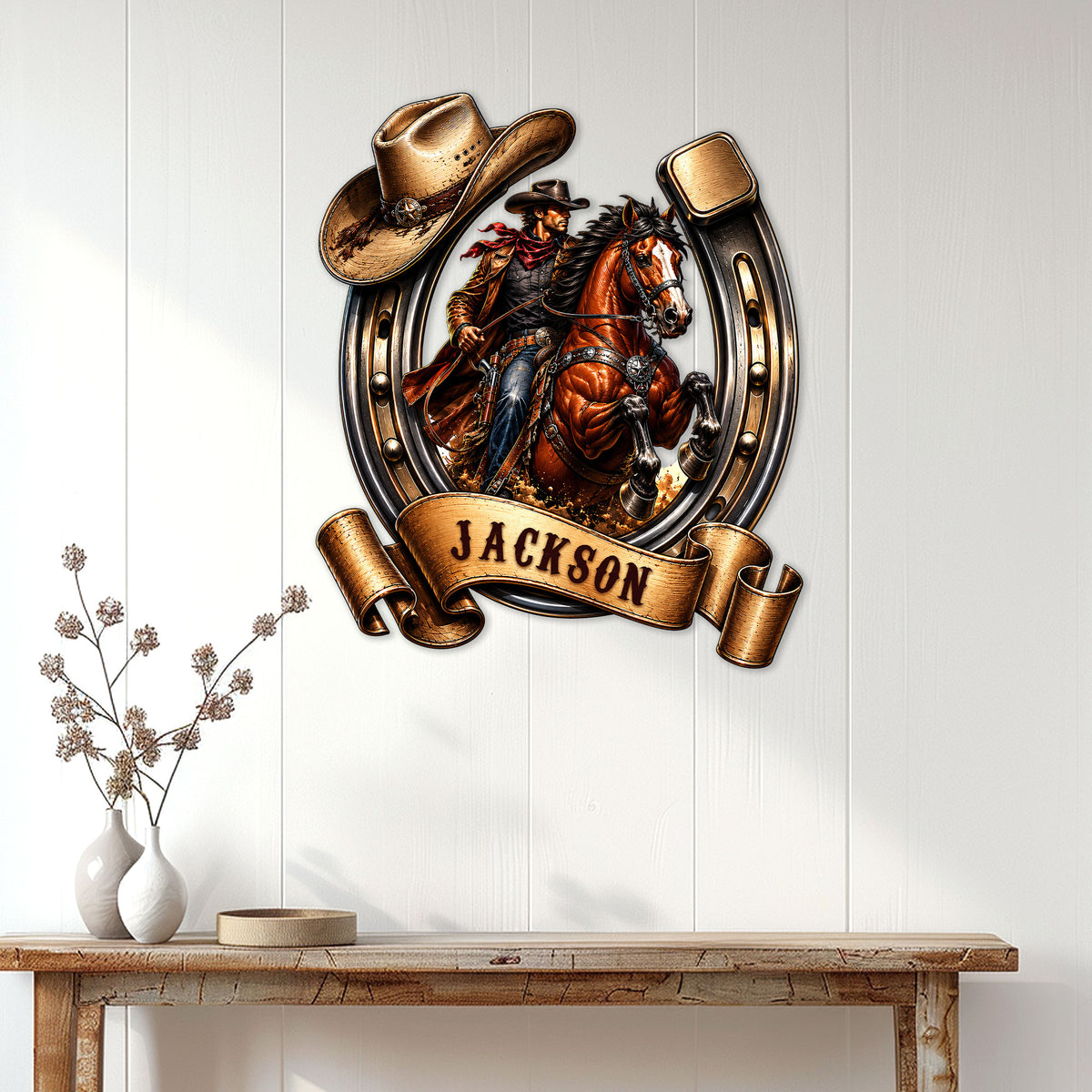 Western cowboy wall sign displayed above a console table, featuring a rider and horse in a horseshoe frame