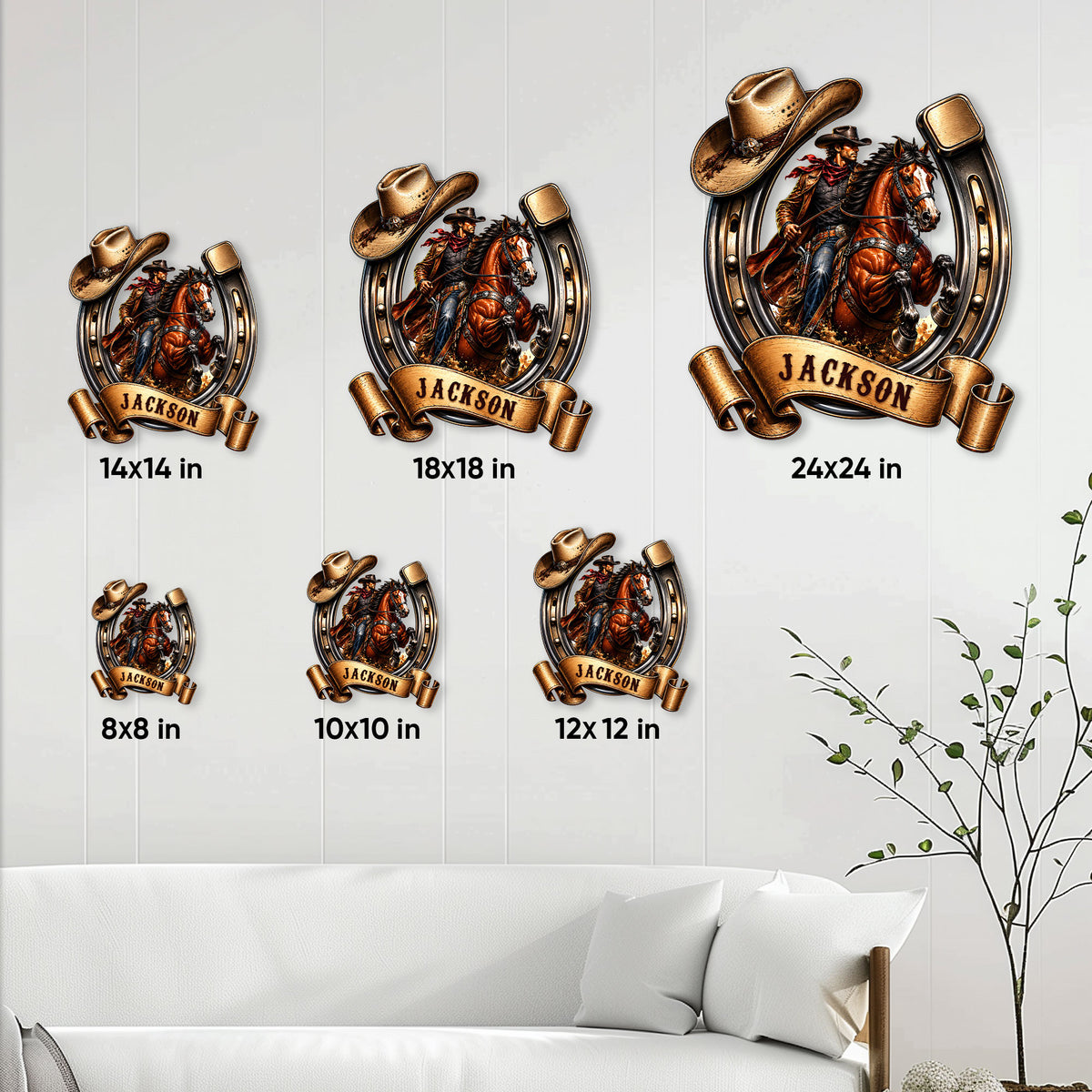 Cowboy metal sign size guide showing six available square sizes in a western horseshoe design