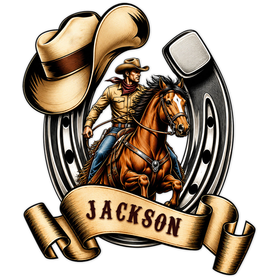 Custom cowboy metal sign featuring a horseback rider framed by a cowboy hat, horseshoe, and Western scroll