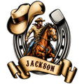 Custom cowboy metal sign featuring a horseback rider framed by a cowboy hat, horseshoe, and Western scroll