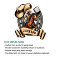 Cowboy metal sign feature graphic showing a horseback rider design and cut metal sign details