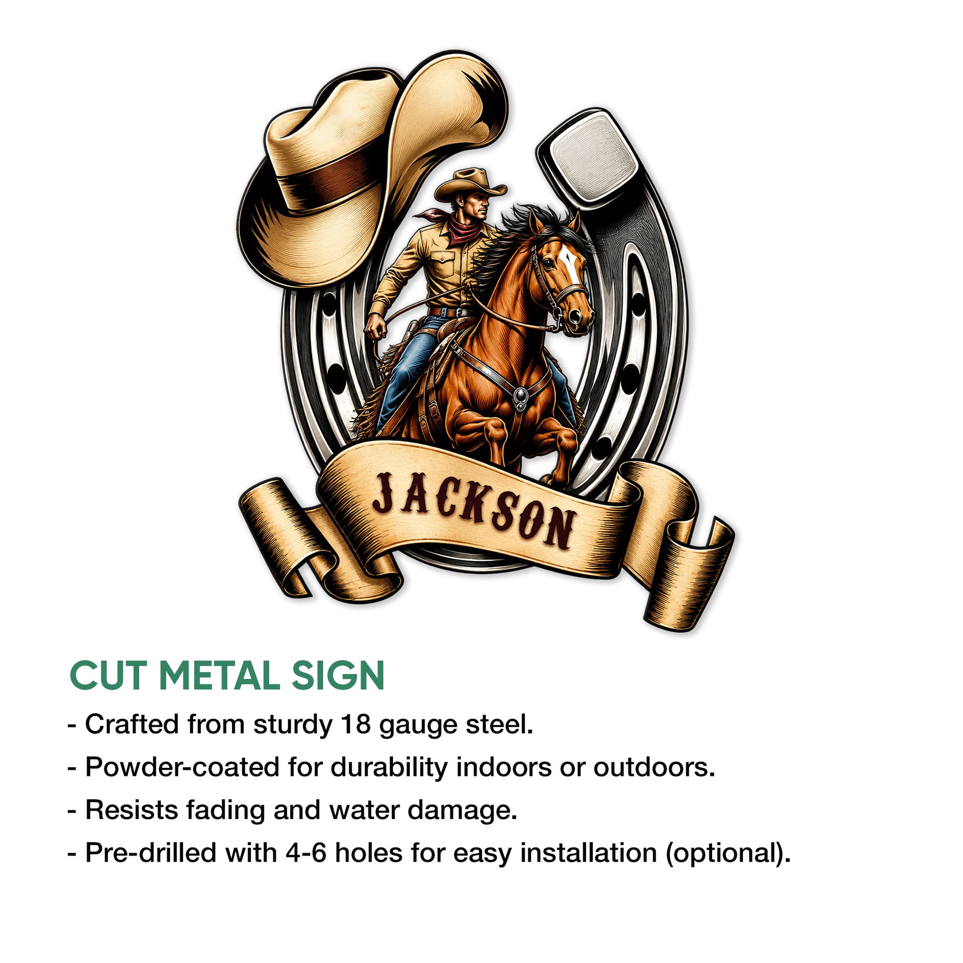 Cowboy metal sign feature graphic showing a horseback rider design and cut metal sign details