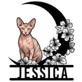 Sphynx cat metal sign with a crescent moon and hibiscus flower design