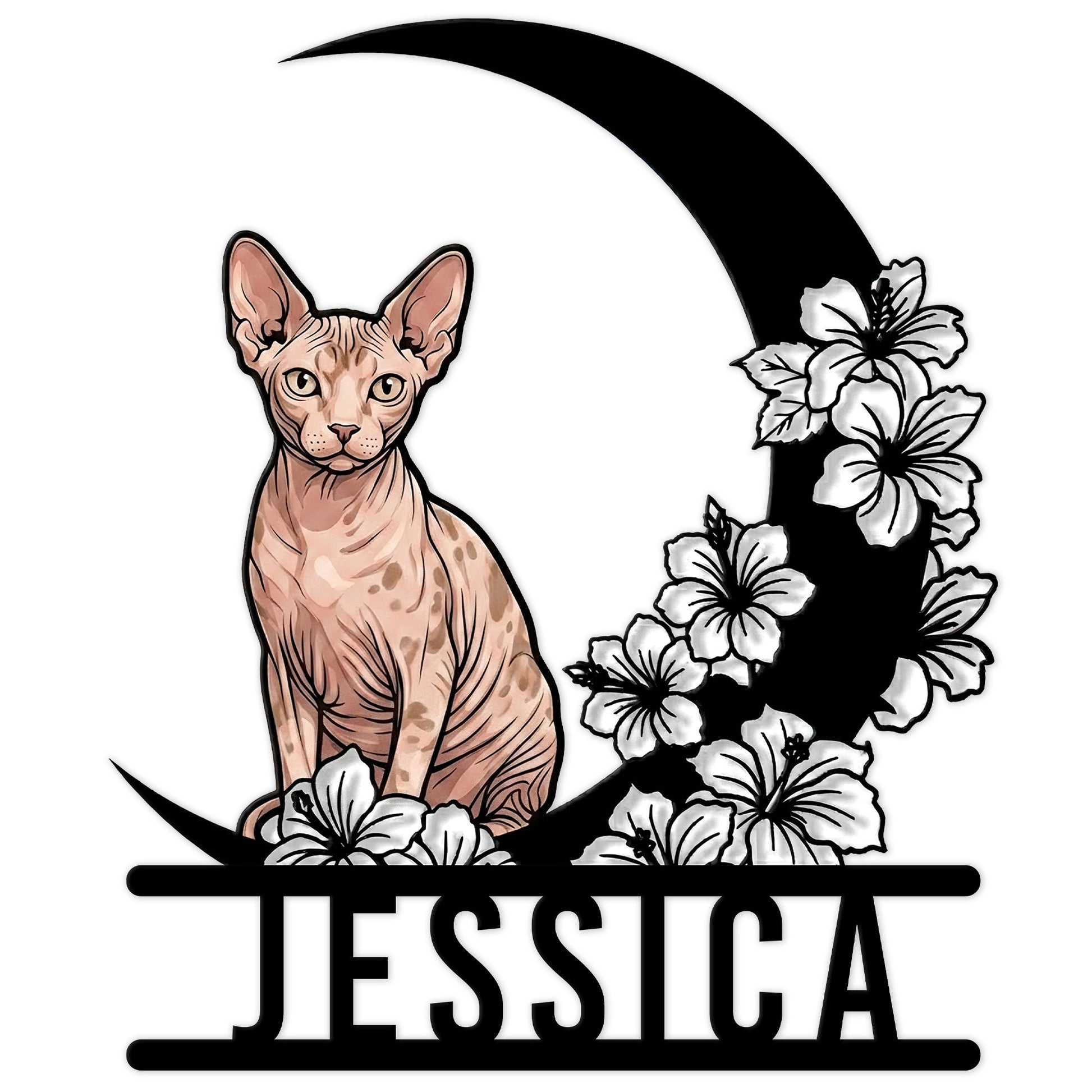 Sphynx cat metal sign with a crescent moon and hibiscus flower design
