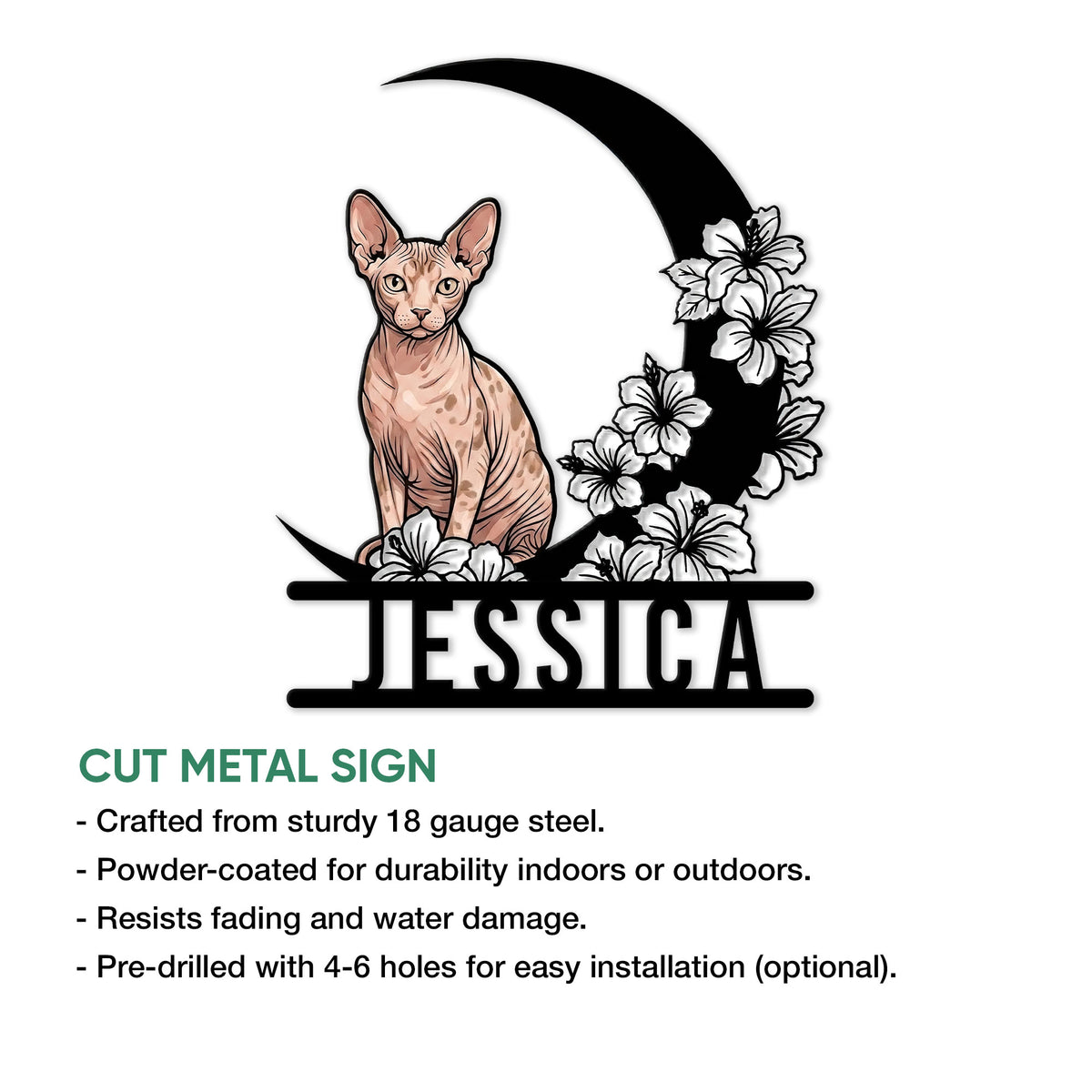 Sphynx cat cut metal sign featuring a floral crescent moon artwork