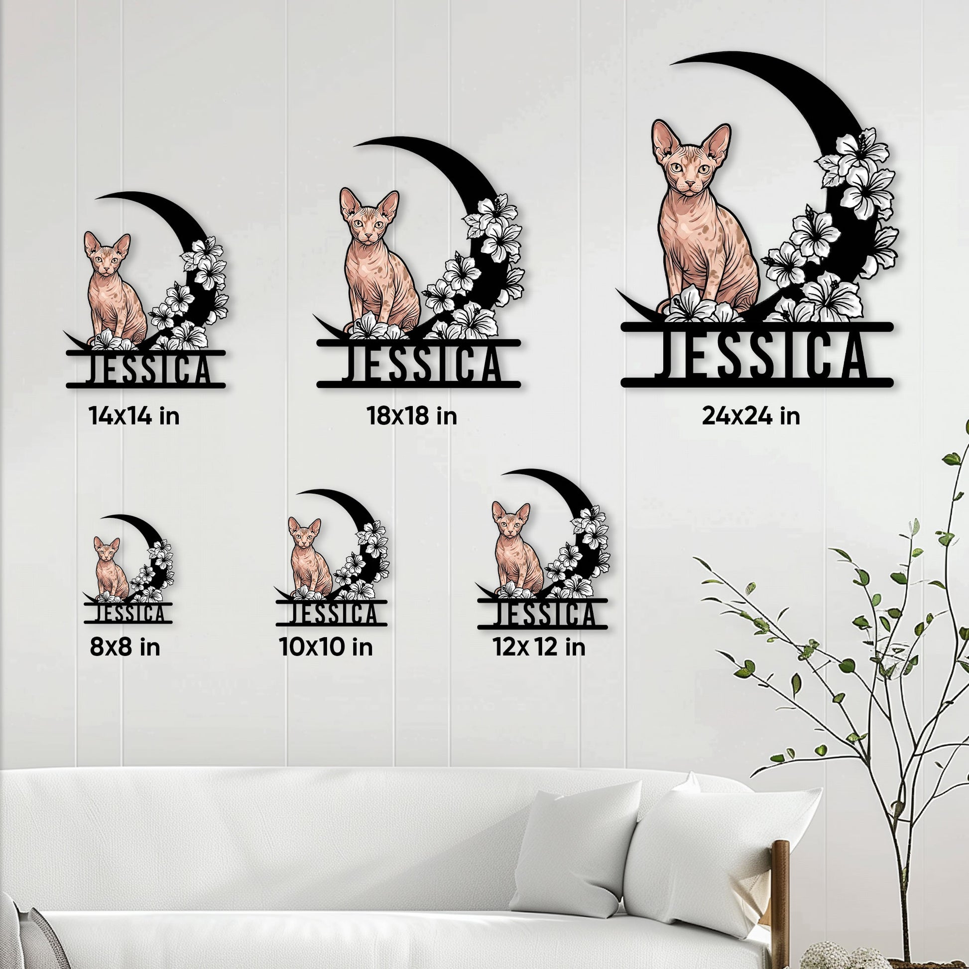 Sphynx cat metal sign size guide showing available square size options