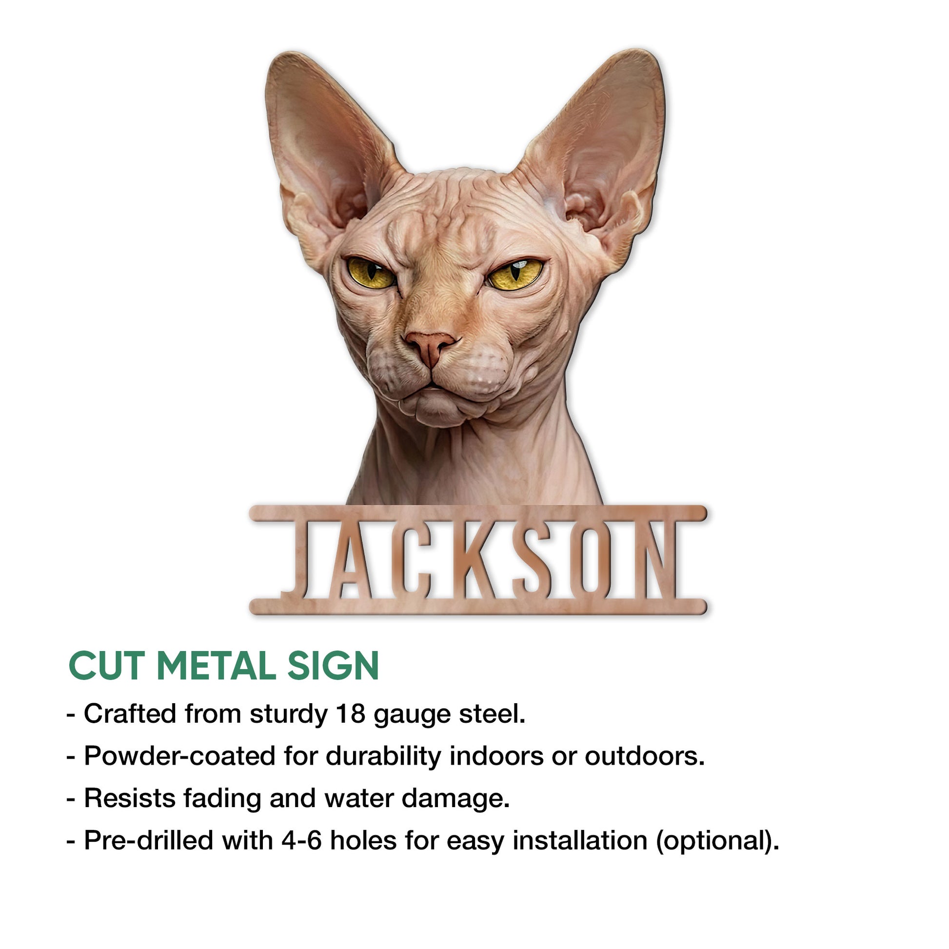 Sphynx cat metal sign shown in a product features infographic with a detailed hairless cat portrait