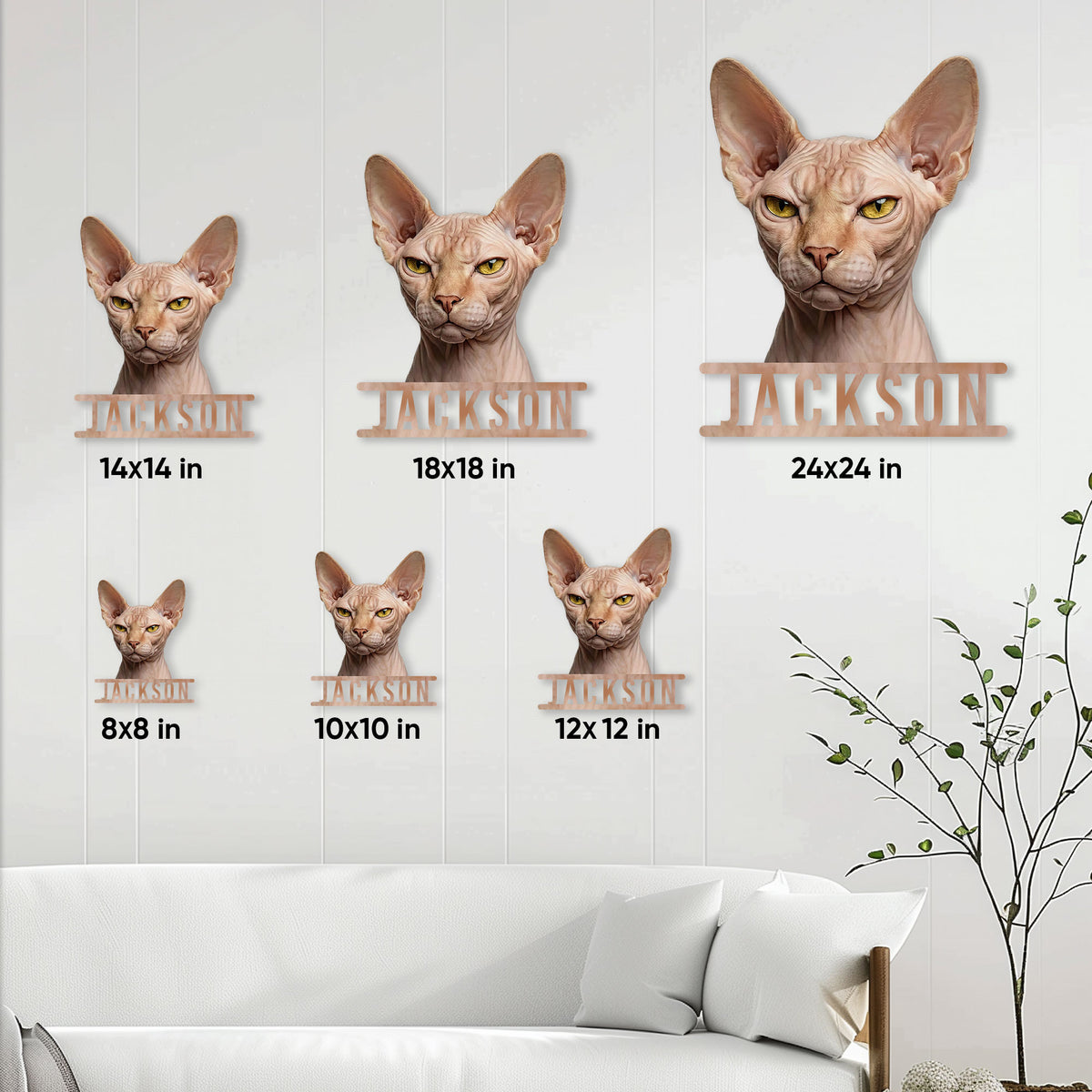 Sphynx cat metal sign size guide showing six square size options for different display spaces