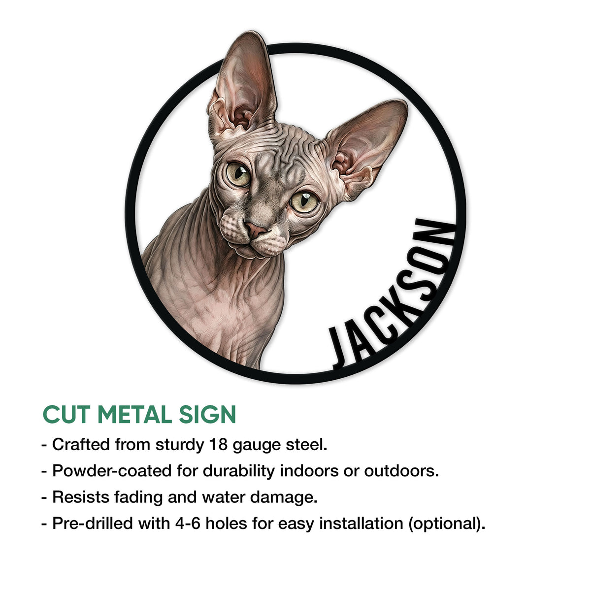Sphynx cat metal sign shown with a cut-metal product feature information graphic