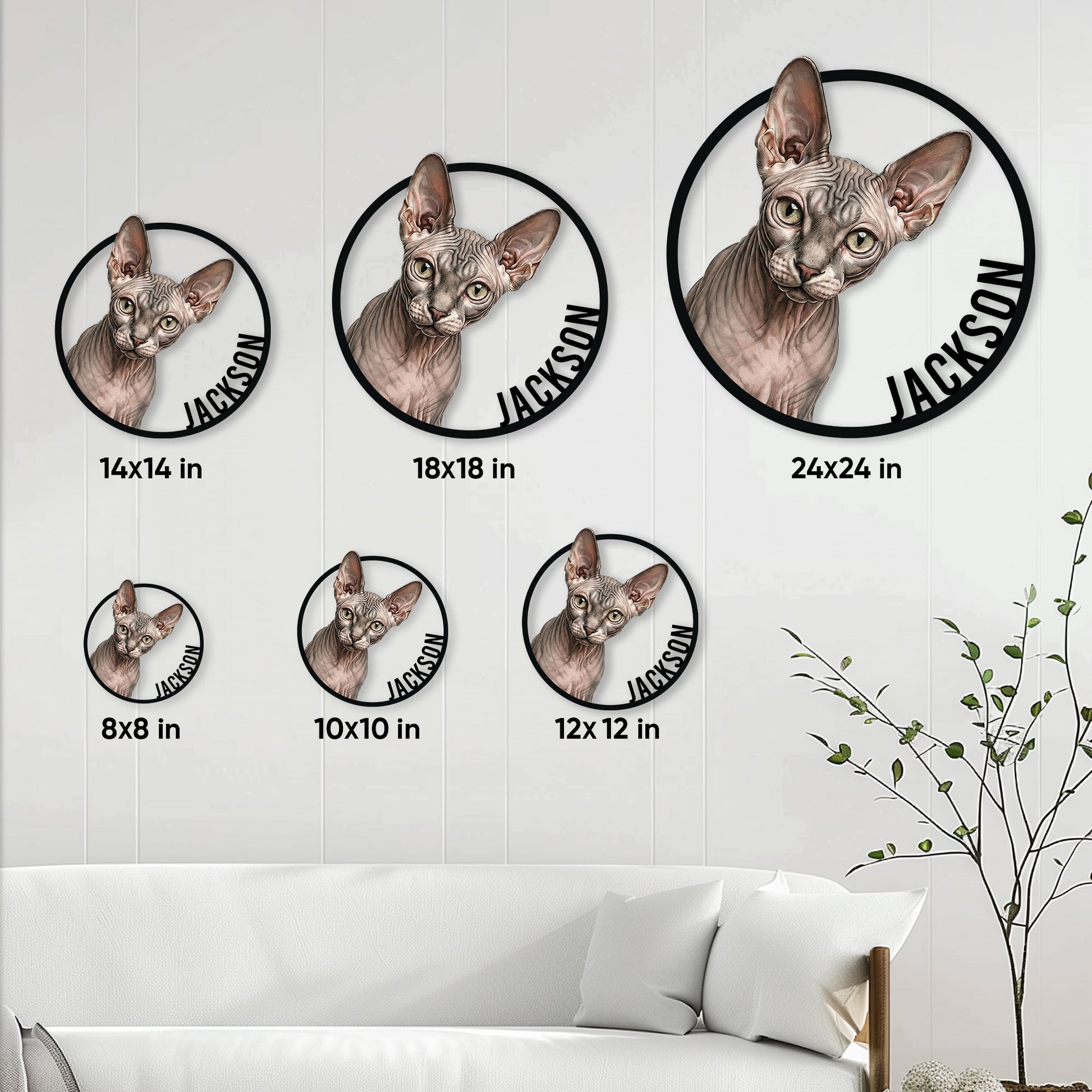 Sphynx cat metal sign size guide showing 8, 10, 12, 14, 18, and 24 inch options
