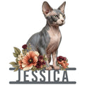 Floral Sphynx cat metal sign featuring a realistic hairless cat portrait above decorative flowers