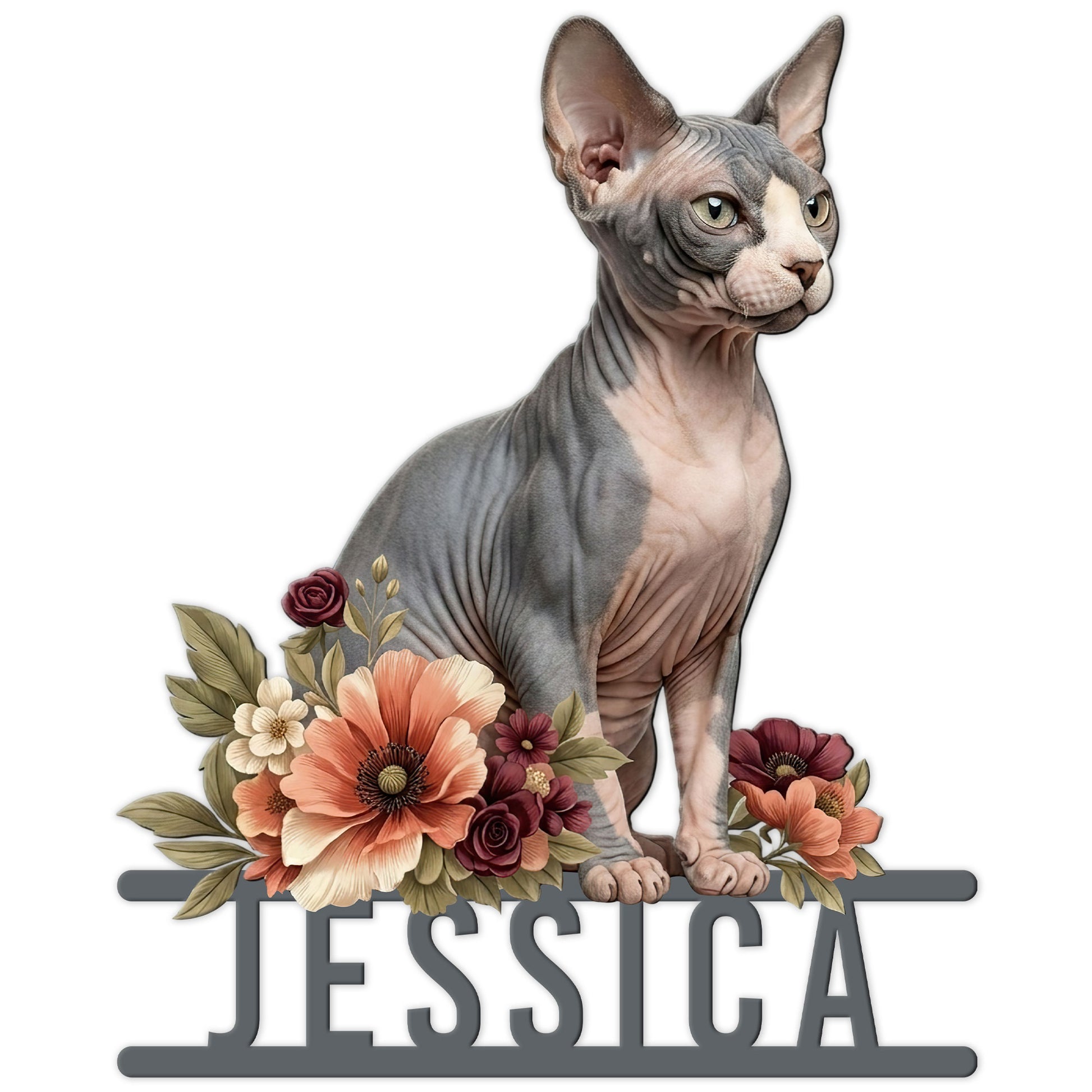 Floral Sphynx cat metal sign featuring a realistic hairless cat portrait above decorative flowers