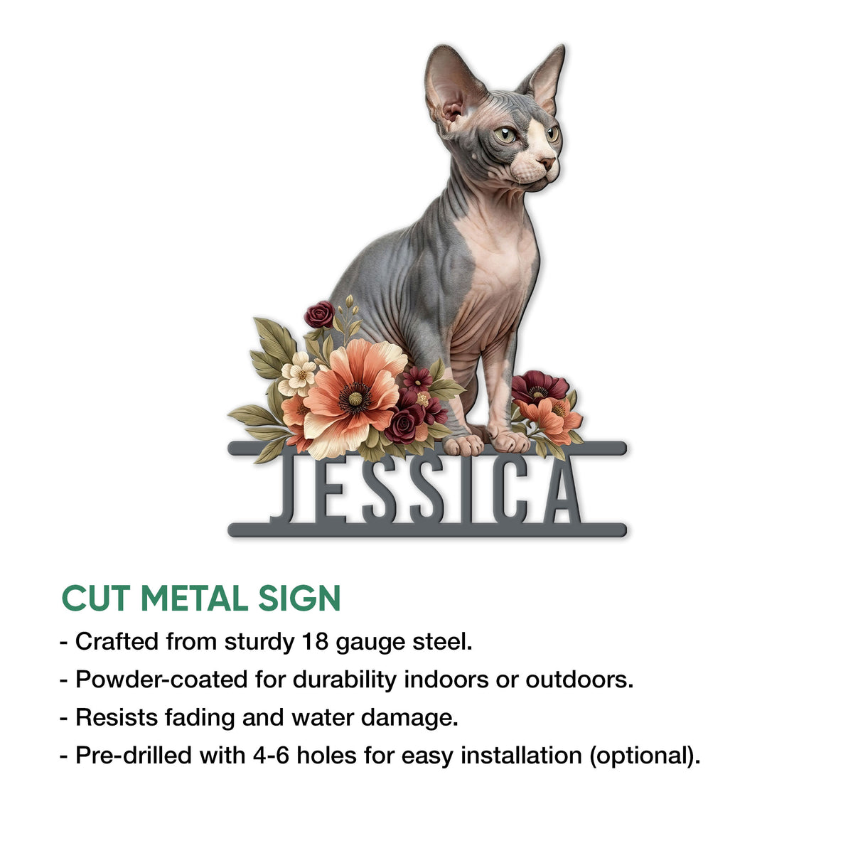 Feature guide showing a custom Sphynx cat cut metal sign with floral artwork and installation details