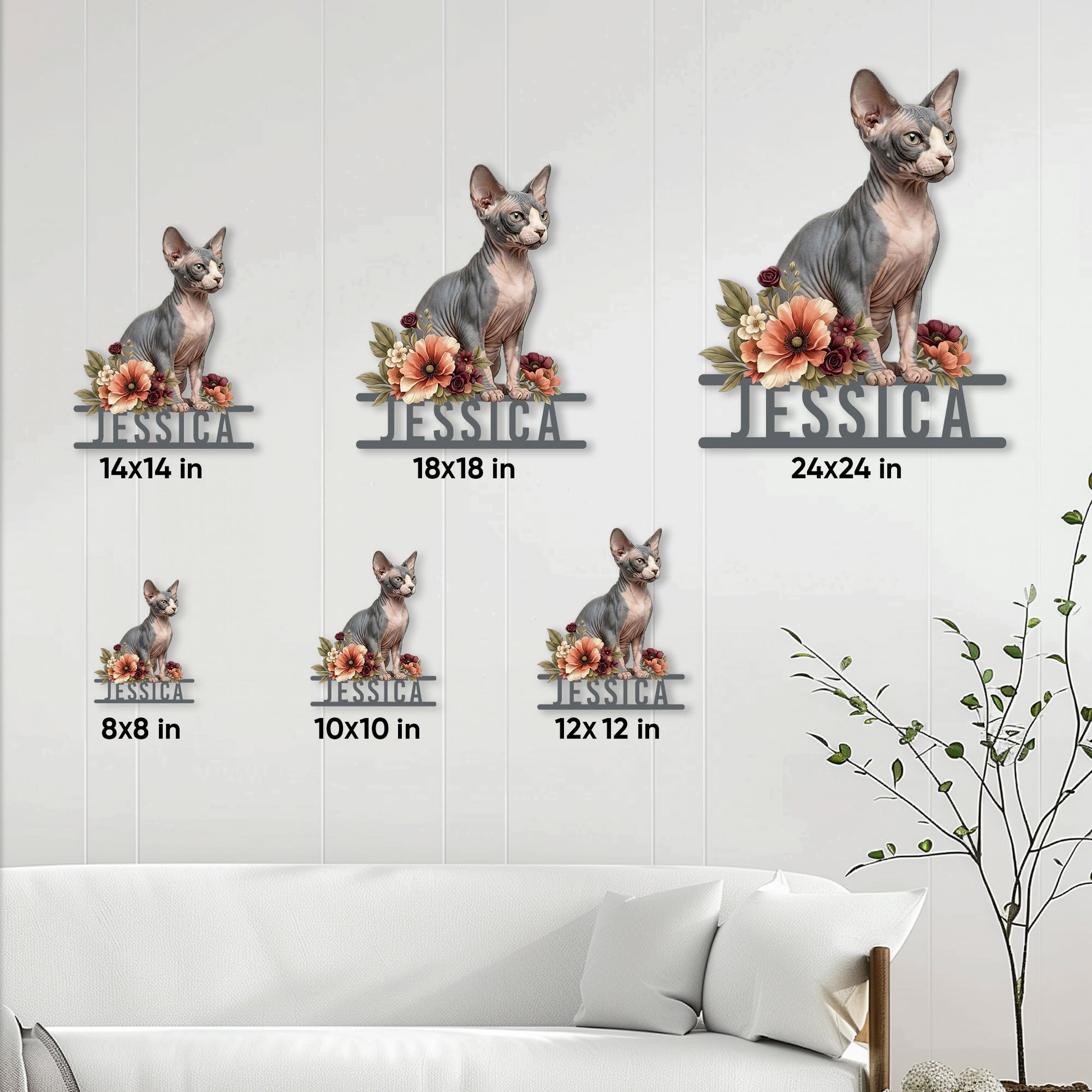 Sphynx cat metal sign size guide showing available square sizes from 8 by 8 to 24 by 24 inches