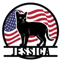 Custom Burmese cat metal sign featuring a black cat silhouette against a patriotic American flag design