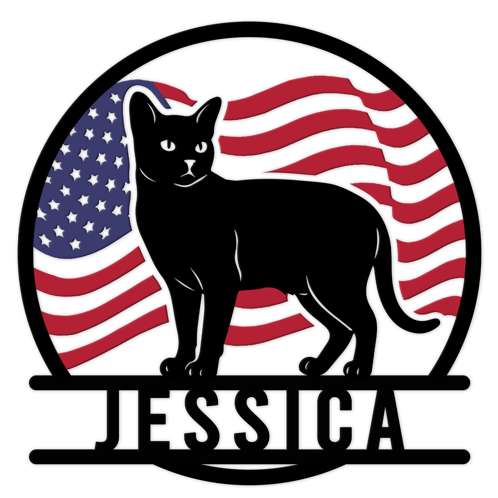 Custom Burmese cat metal sign featuring a black cat silhouette against a patriotic American flag design