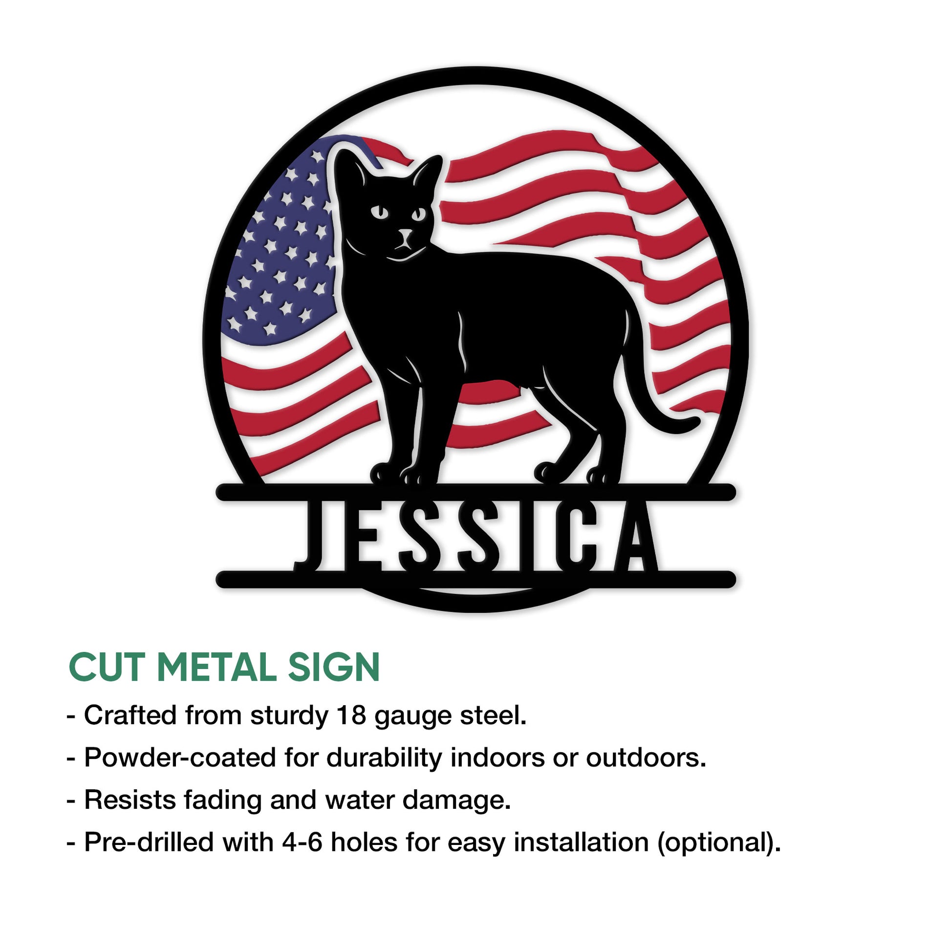 Burmese cat metal sign feature graphic showing the patriotic cat artwork and product presentation details