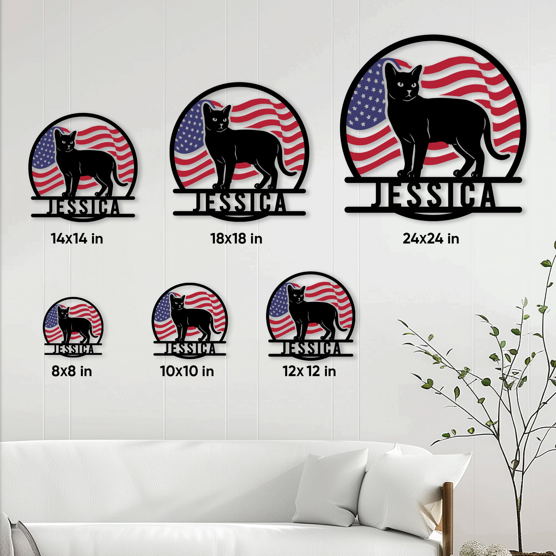 Burmese cat metal sign size guide showing six available square size options in a living room setting