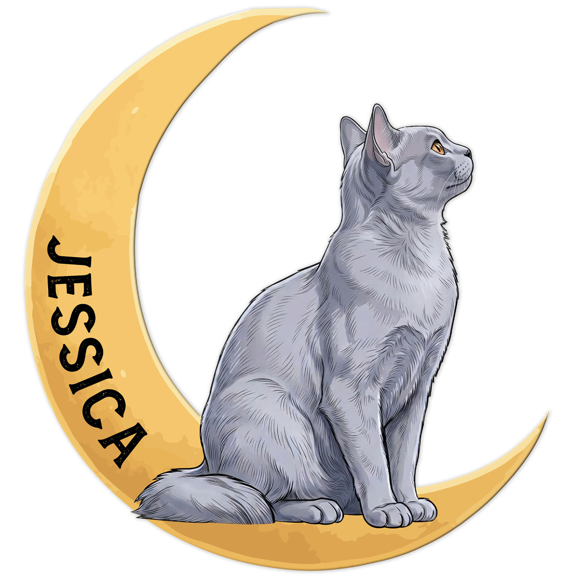 Custom Burmese cat metal sign featuring a seated gray cat resting on a golden crescent moon