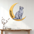 Burmese cat metal wall sign displayed on white paneling above a console table