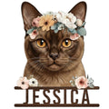 Custom Burmese cat metal sign featuring a detailed brown cat portrait with a colorful floral crown