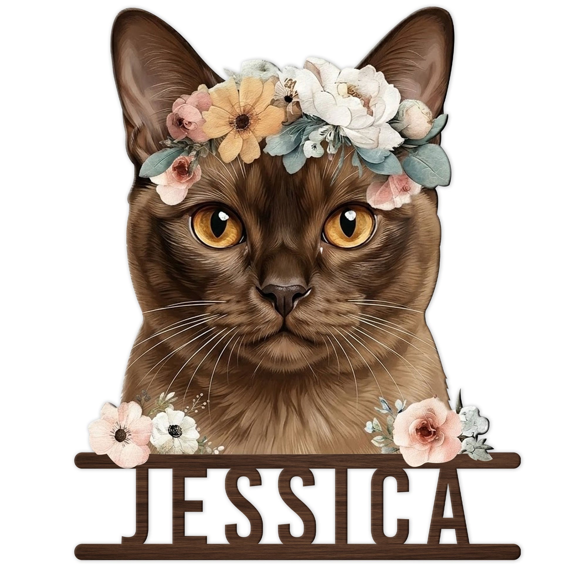 Custom Burmese cat metal sign featuring a detailed brown cat portrait with a colorful floral crown