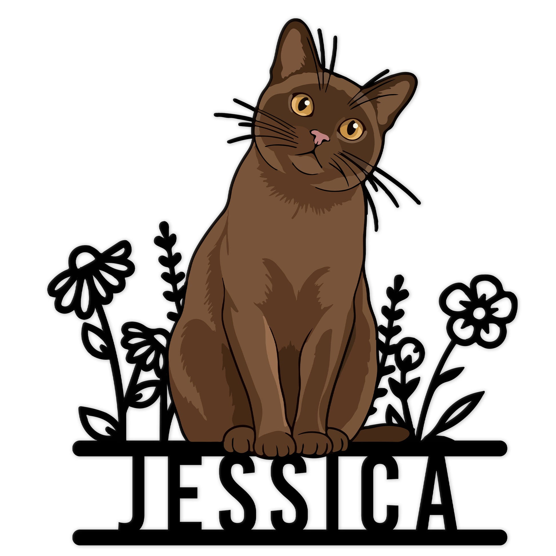 Custom Burmese cat metal sign featuring a seated brown cat framed by simple floral accents
