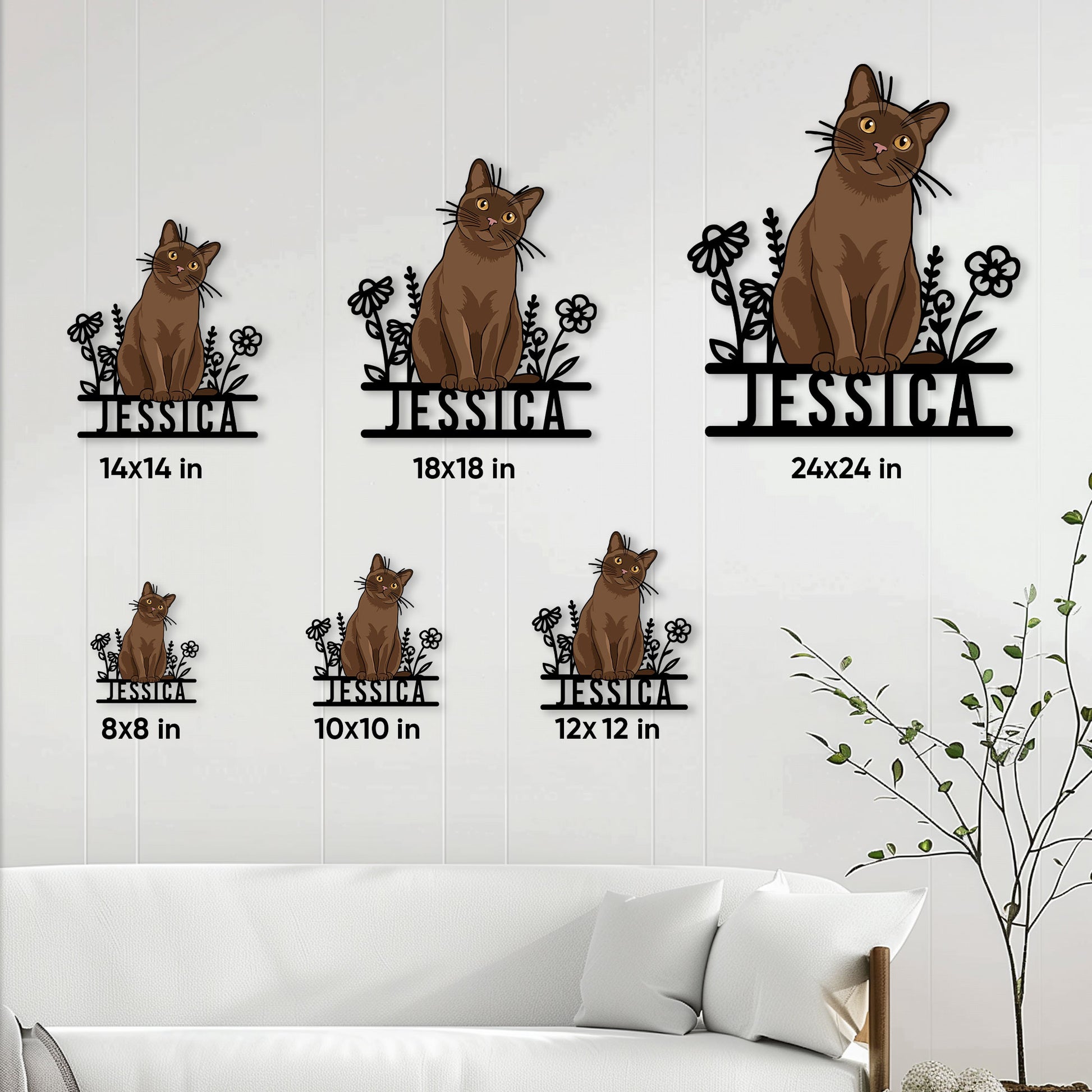 Burmese cat metal sign size guide showing six square size options in a living room setting