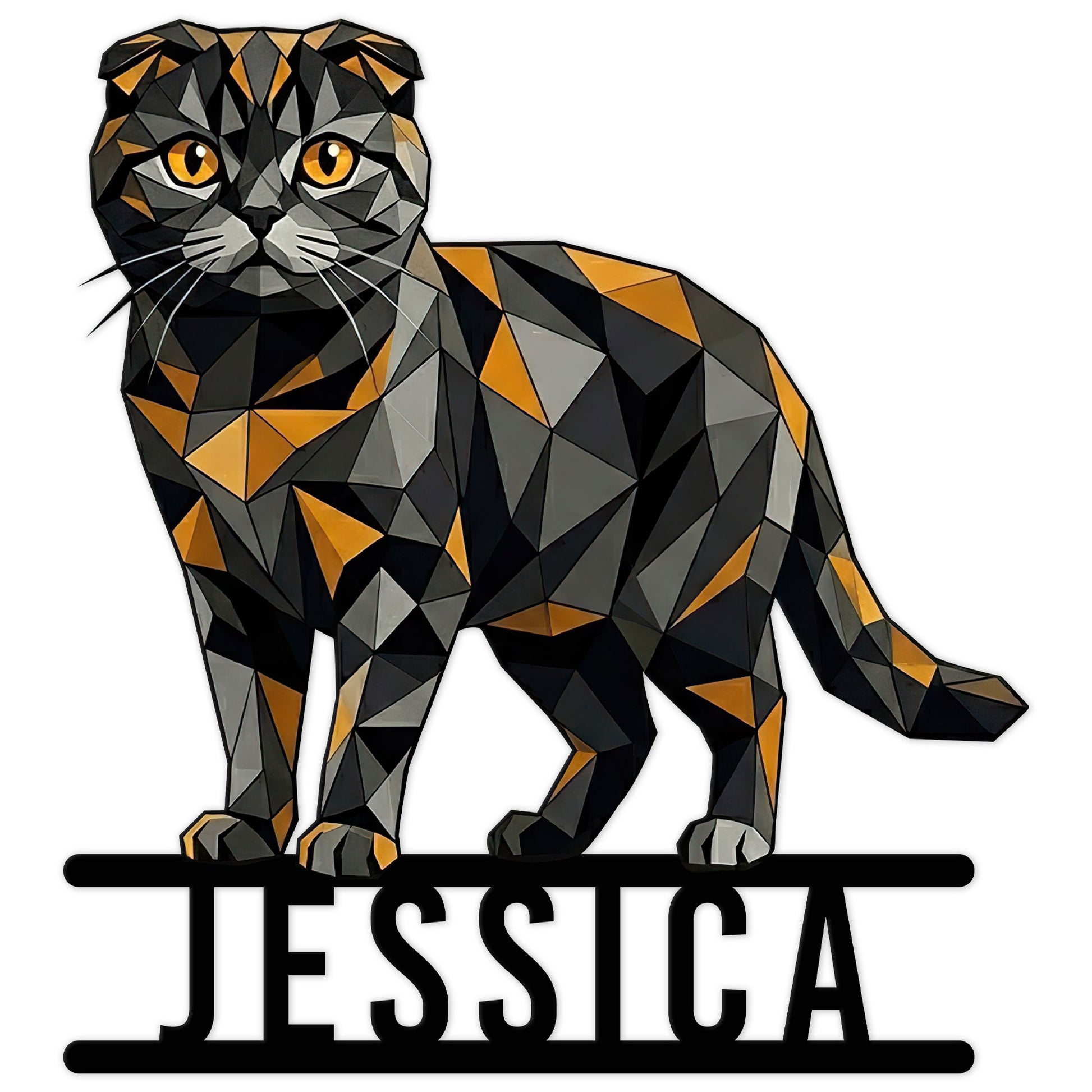 Low-poly Scottish Fold cat metal sign featuring a seated black, gray, and gold geometric cat design