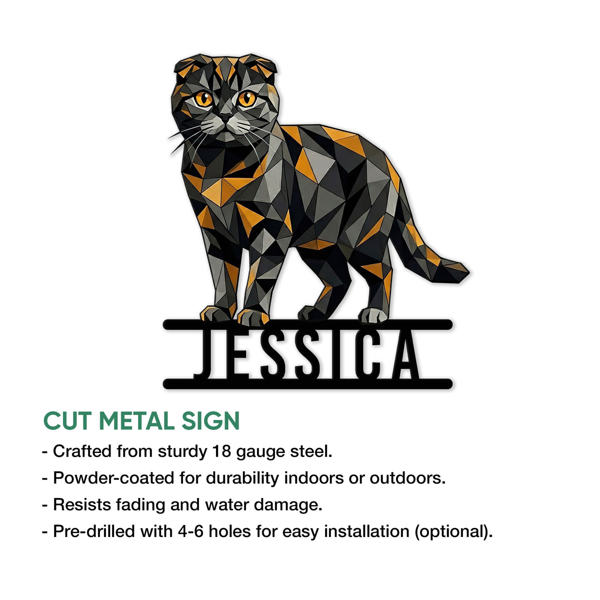 Scottish Fold cat metal sign product graphic showing the geometric cat artwork and sign features