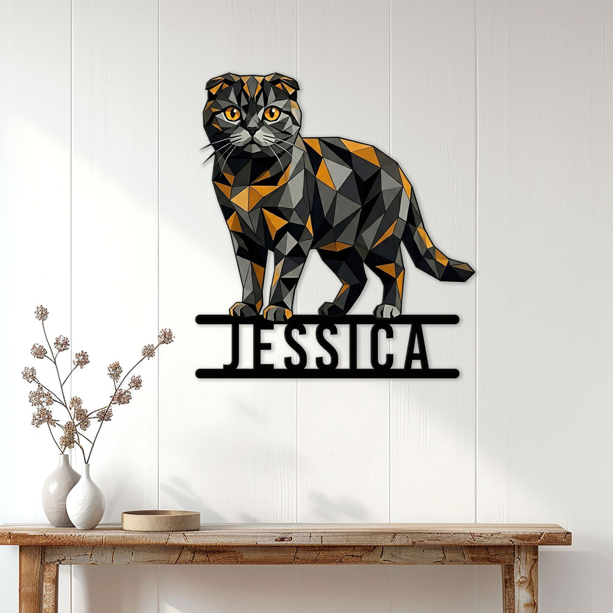 Scottish Fold cat wall sign displayed on a light paneled wall above a console table