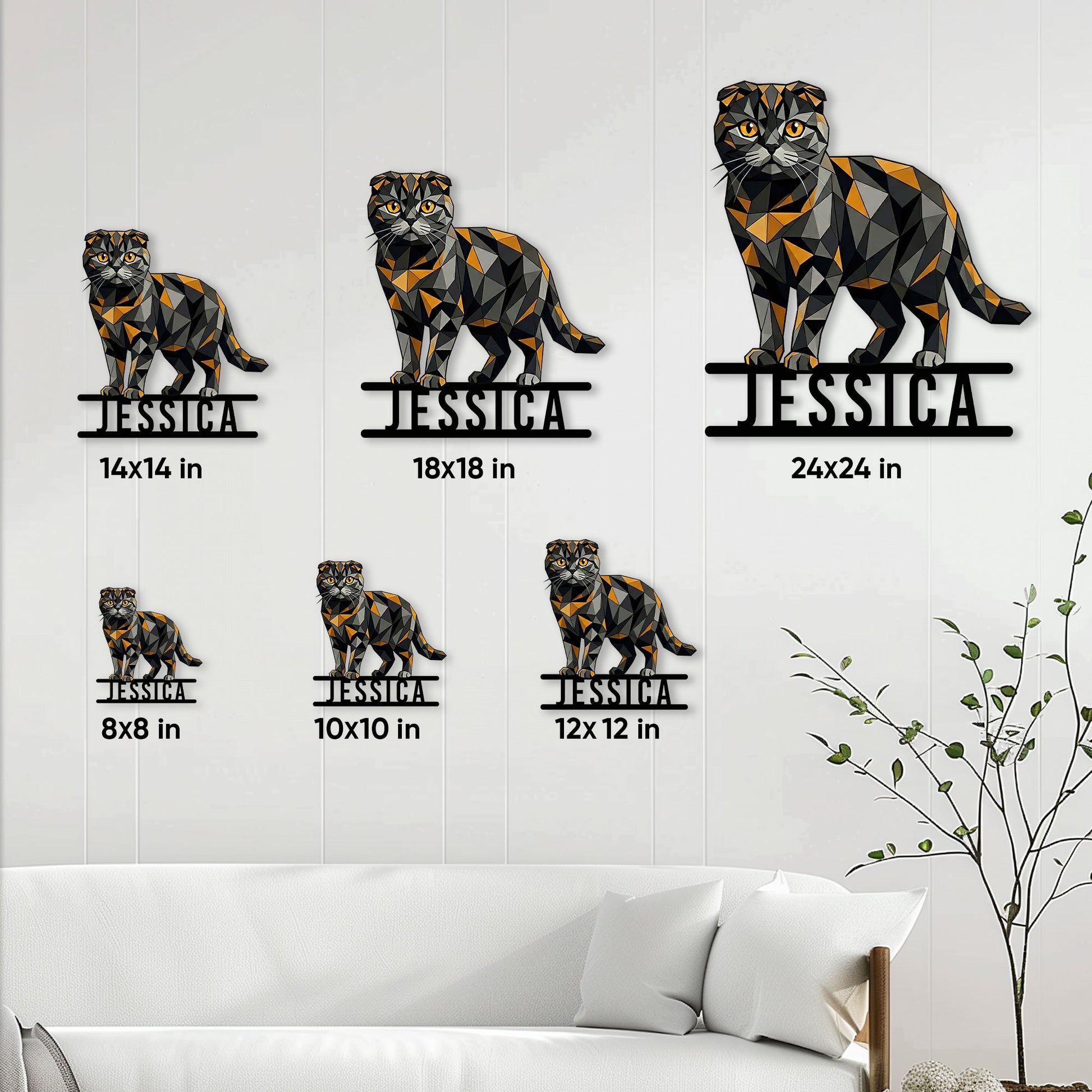 Scottish Fold cat metal sign size guide showing six available square sign dimensions