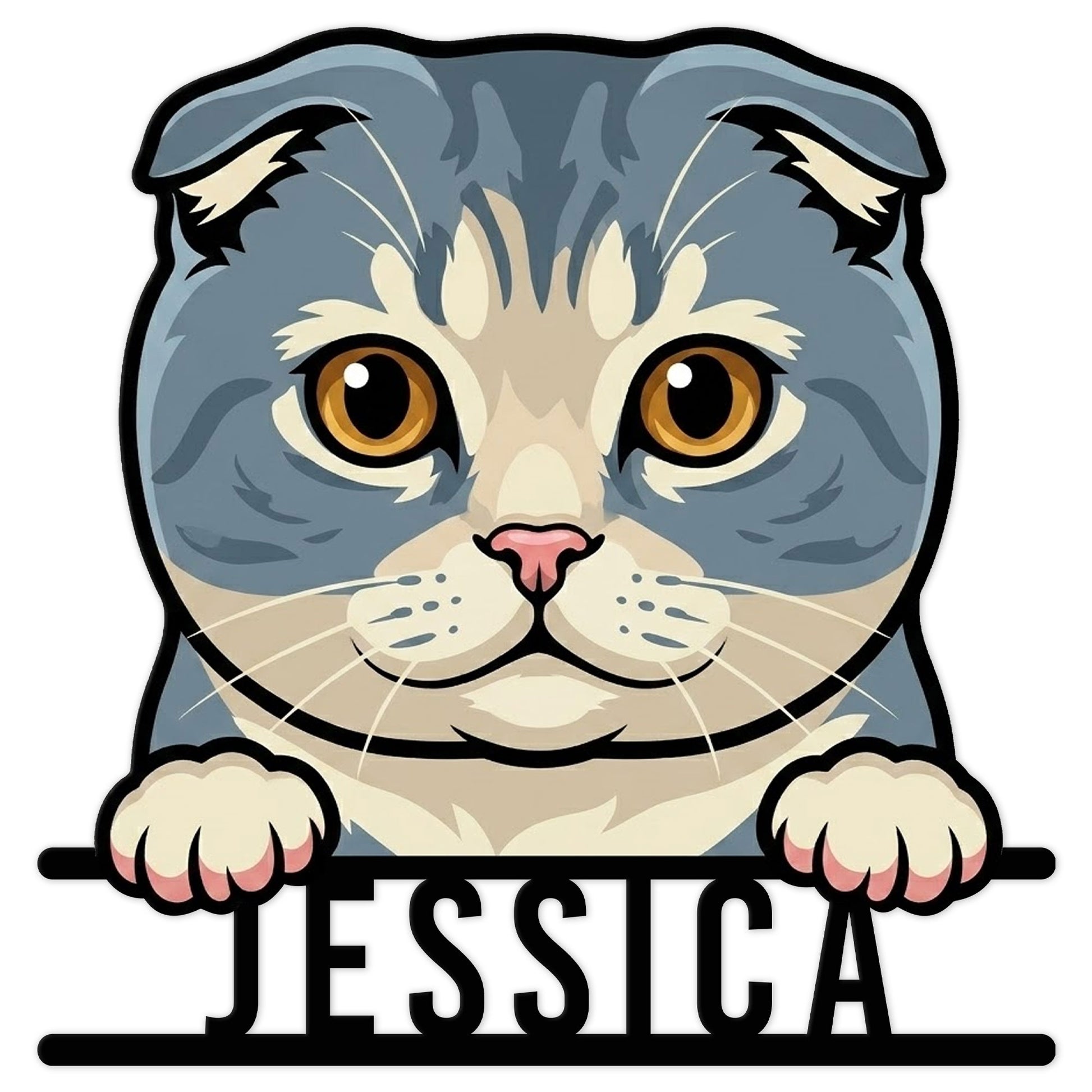 Close-up Scottish Fold cat metal sign featuring folded ears, golden eyes, and paws resting over a bold base