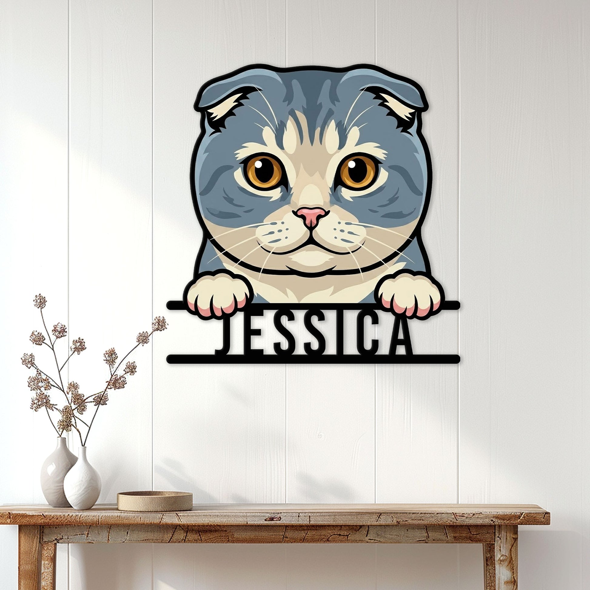 Scottish Fold cat wall sign displayed on a bright paneled wall above a console table