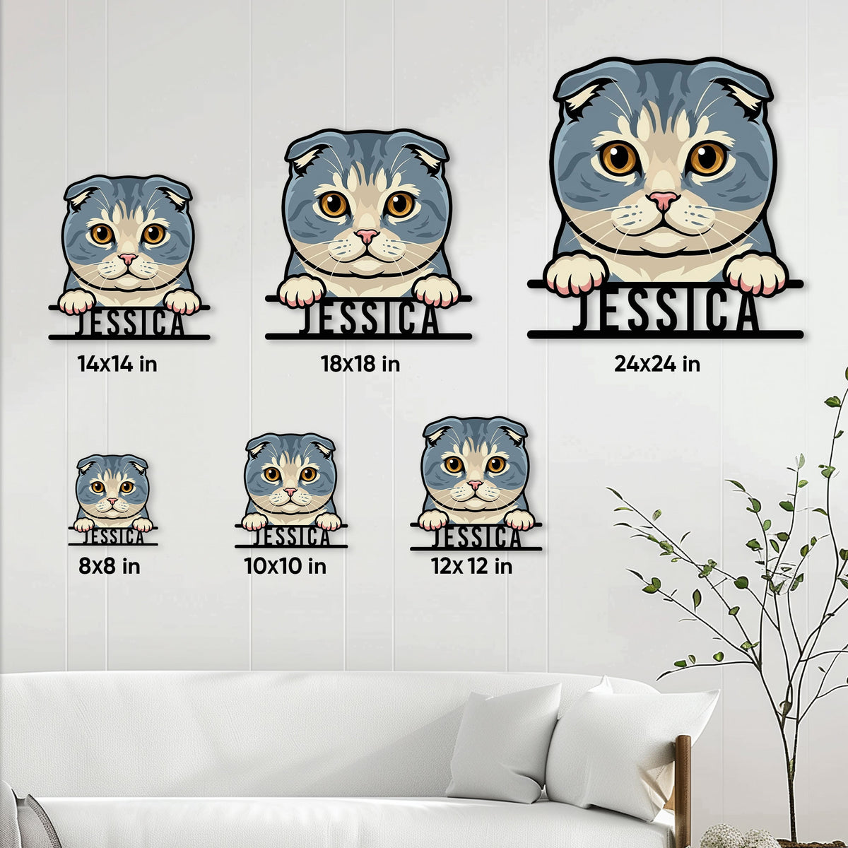 Scottish Fold cat metal sign size guide showing several square size options in a living room setting