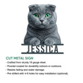 Scottish Fold cat cut metal sign feature guide showing indoor and outdoor decor use