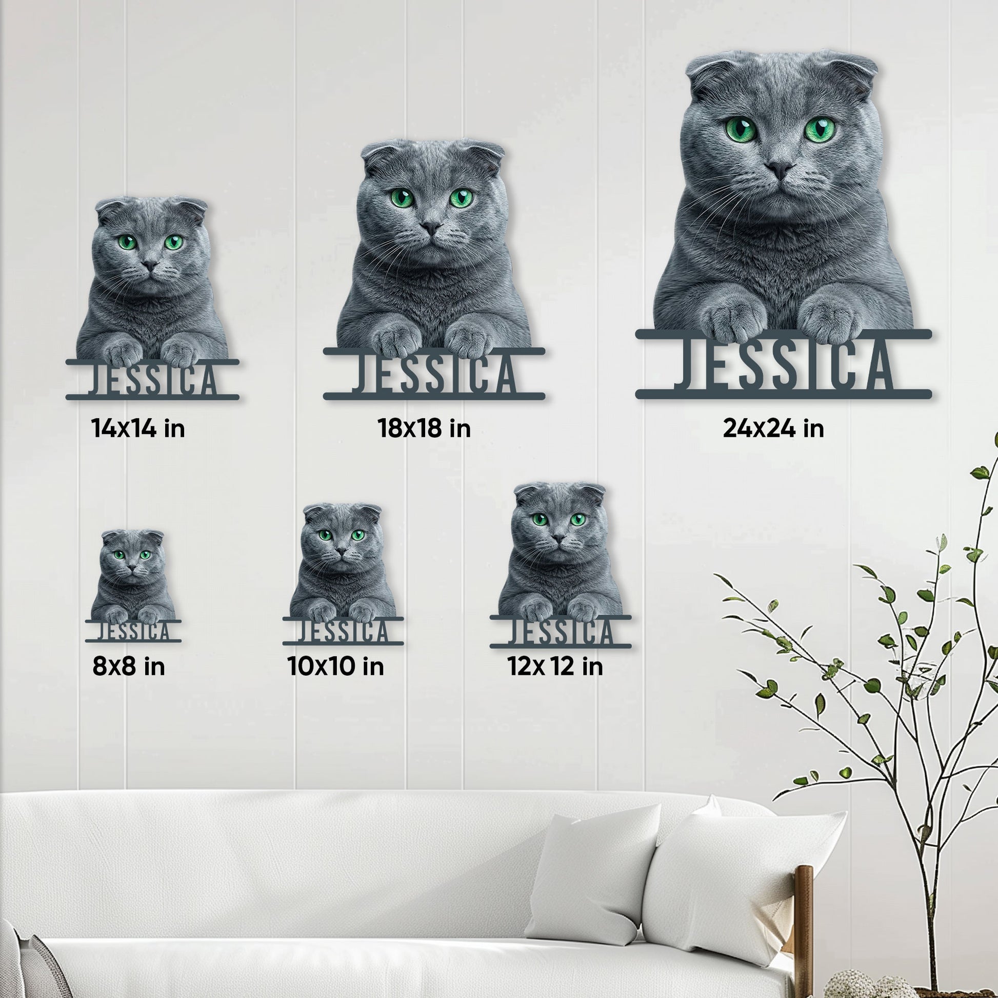 Scottish Fold cat metal sign size guide showing available square sizes from 8 by 8 to 24 by 24 inches