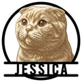 Detailed Scottish Fold cat portrait metal sign with a bold circular frame and cutout wall decor design