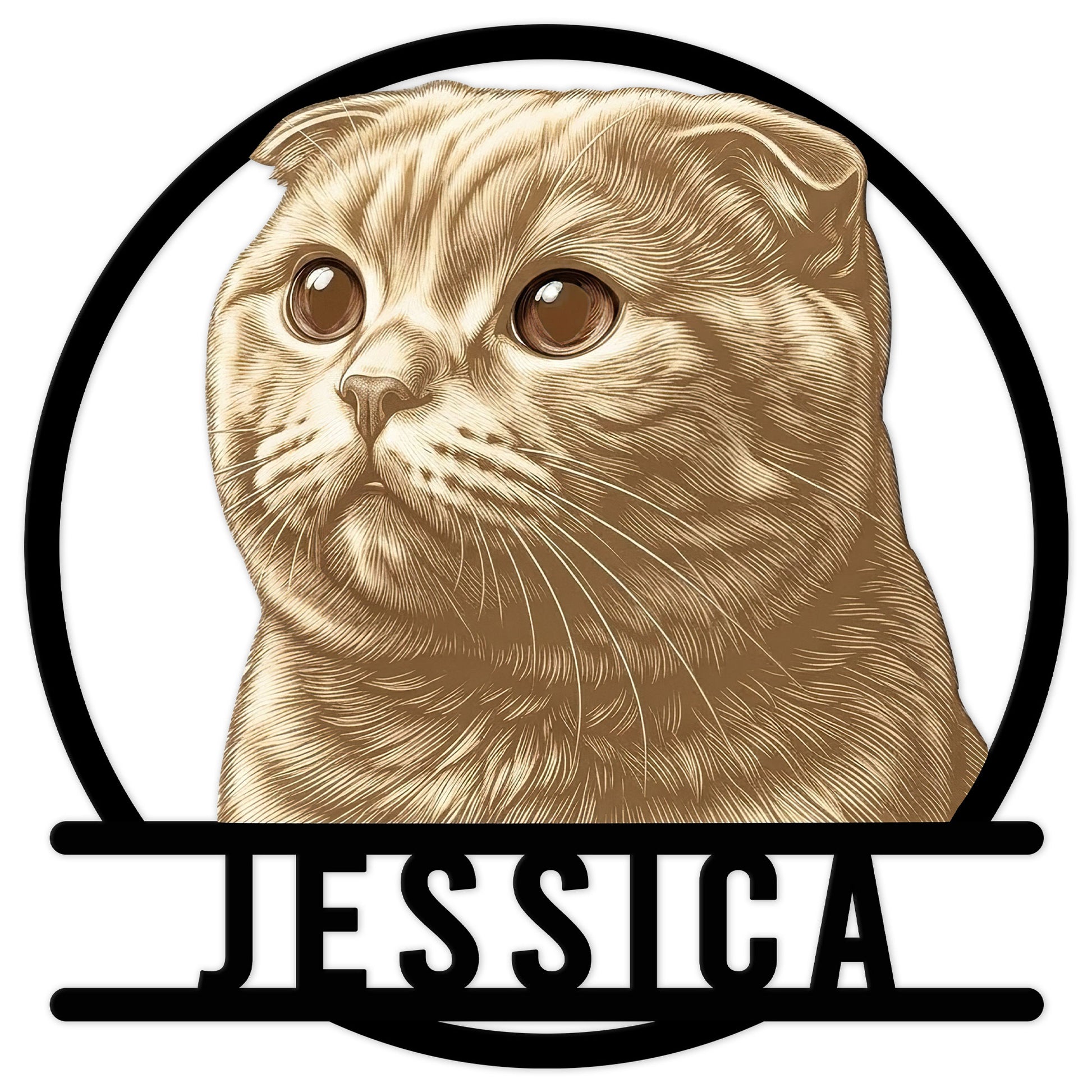 Detailed Scottish Fold cat portrait metal sign with a bold circular frame and cutout wall decor design