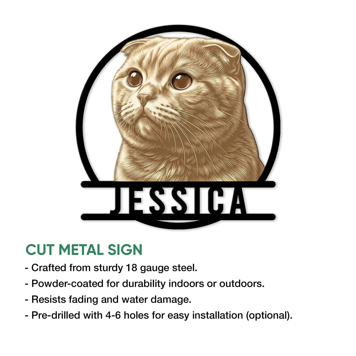 Scottish Fold cat cut metal sign shown with product feature information and installation details