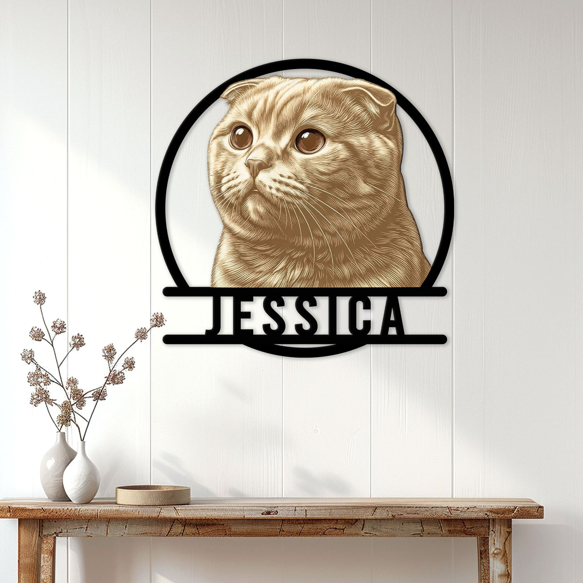 Scottish Fold cat metal sign displayed on a bright paneled wall above a wood console table